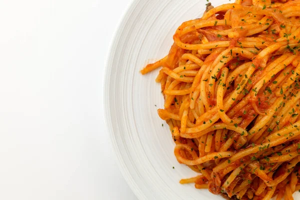 Macarrão Molho Tomate Macarrão Com Carne Tomate Produtos Hortícolas Pratos — Fotografia de Stock