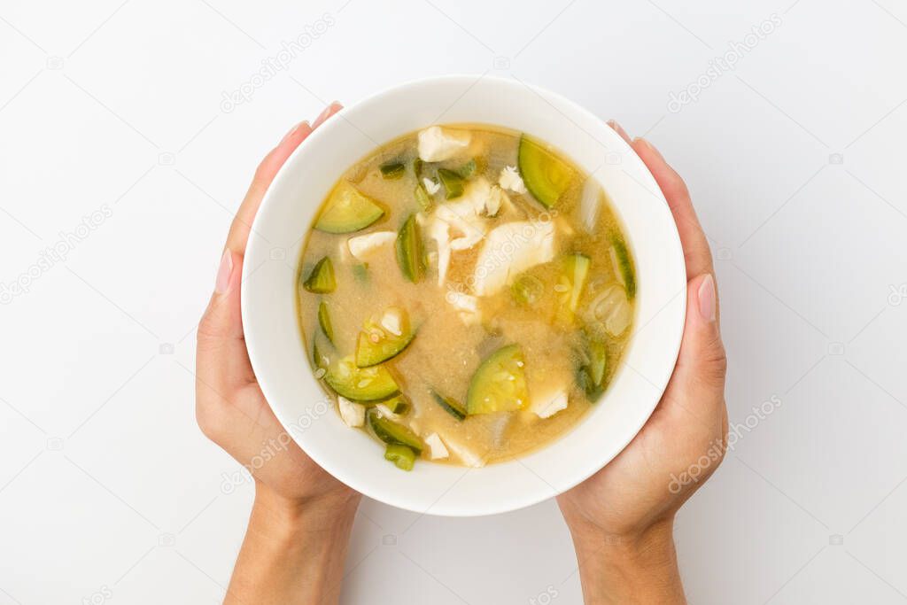 Soup with vegetables and tofu. Korean traditional soup dishes. Savory and sweet dish