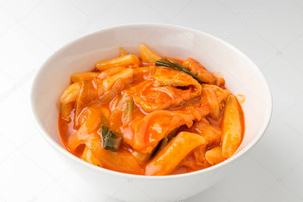 Popular food in Korea. Dish with rice cake. Spicy soup food