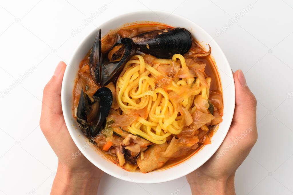 Food with seafood and vegetables. Spicy and salty soup dish. Spicy noodles