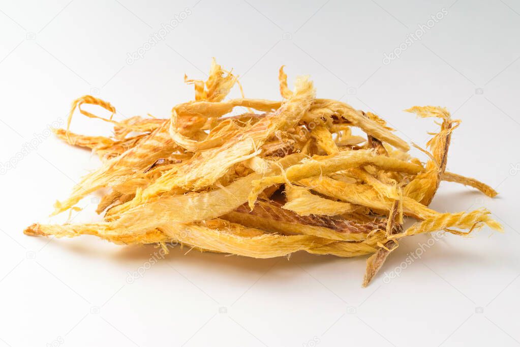 Pollack dried and shredded. Ingredients used in Korea. Dried fish