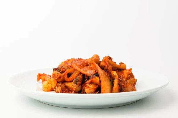 Calamar Salteado Con Condimento Cocinar Con Verduras Calamares Platos Mariscos — Foto de Stock