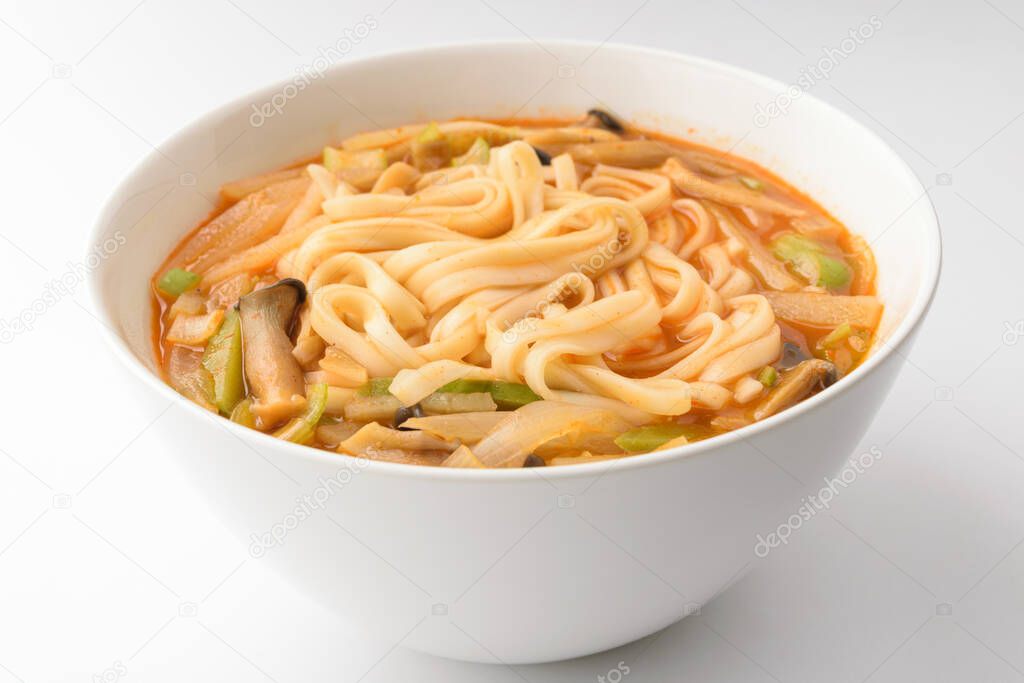 Seasoned noodles. Korean food culture. Spicy noodles