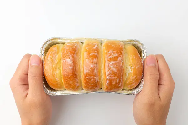 Chleb Pokryty Skondensowanym Mlekiem Słodkie Desery Pyszne Pieczywo — Zdjęcie stockowe