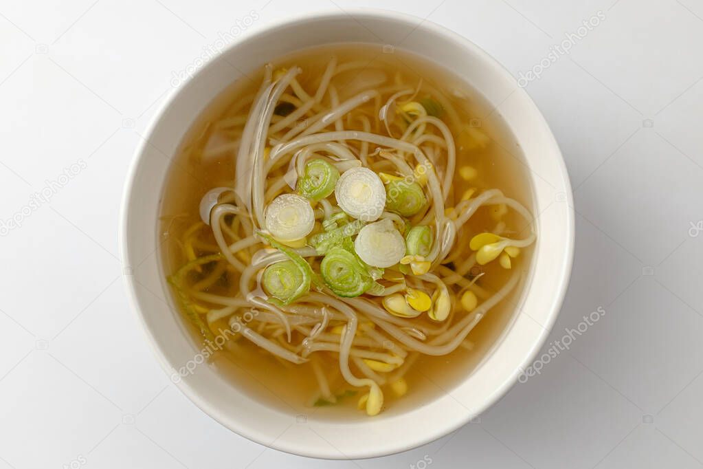 Spicy soup with red pepper powder. Soup with bean sprouts. Vegetable soup