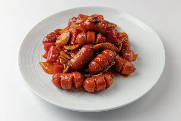 Piatto Condito Con Ketchup Piatto Con Salsiccia Piatti Con Verdure — Foto Stock