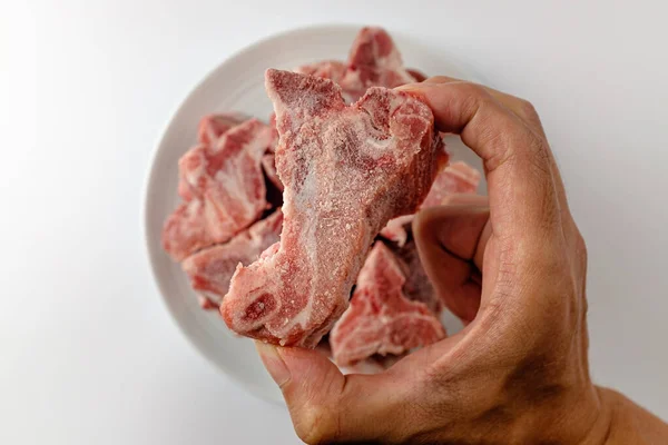 Pedaço Osso Porco Ossos Com Carne Carne Congelada — Fotografia de Stock