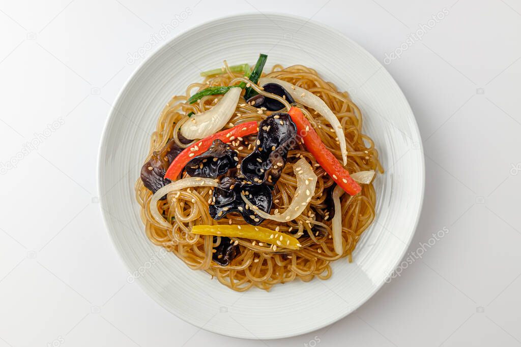 dish made with vermicelli. food with vegetables. Korean food culture