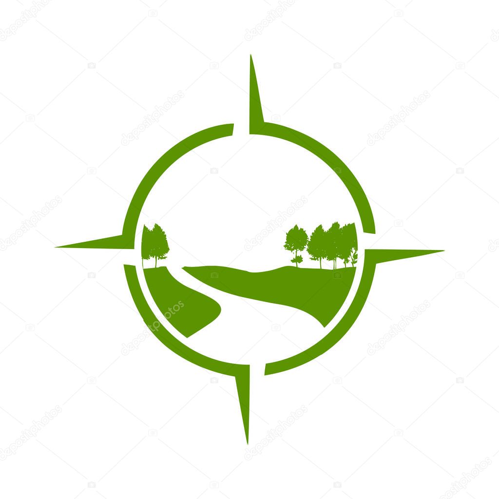 On the circle for gardening landscaping logo design vector lawn and house illustrations