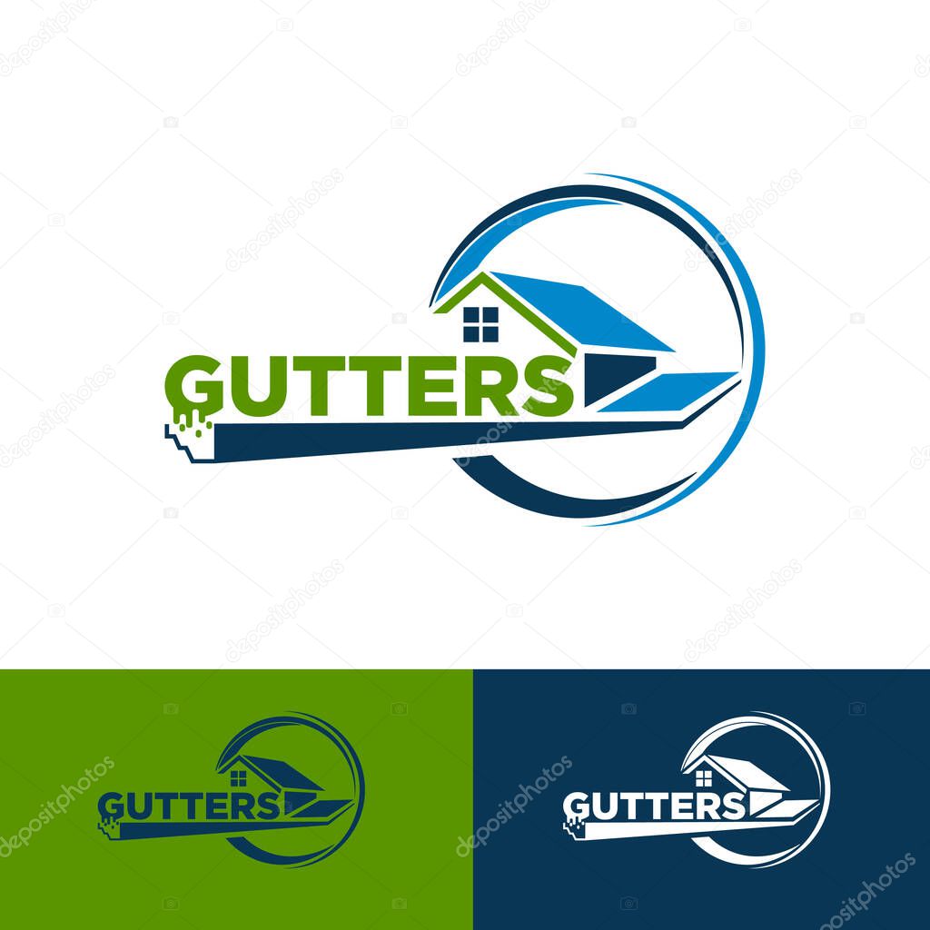 Home exterior pipe installation house roof gutter logo design vector template illustration