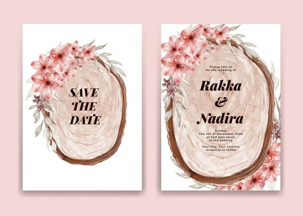 Hochzeitseinladungskarte Mit Holzscheibe Und Rosa Blumengesteck — Stockvektor