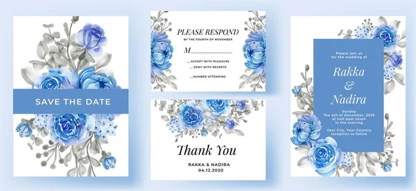 Elegante Boda Invitación Conjunto Azul Flor — Vector de stock