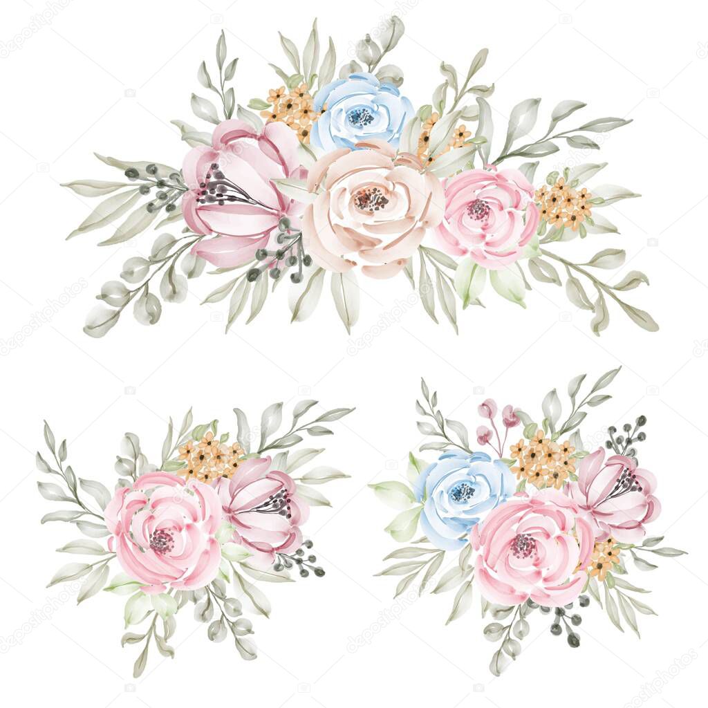 Set of watercolor floral frame bouquets of blue and peach roses and leaves. Botanic decoration illustration for wedding card