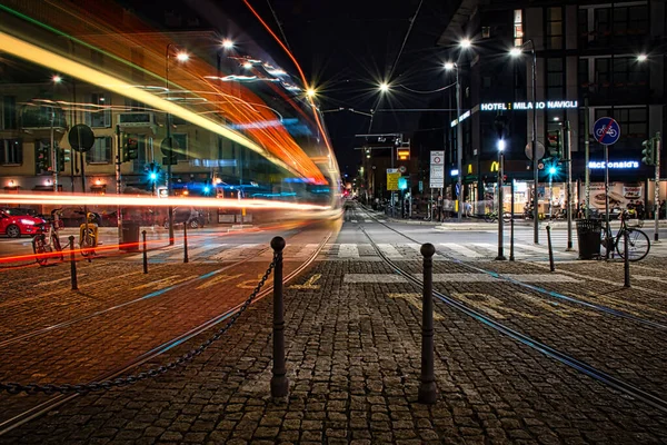 Milan Italie 2020 Photographie Longue Exposition Capturant Tramway Créant Superbes Photos De Stock Libres De Droits