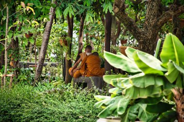Bangkok, Tayland 04.07.2021 Wat Paknam Phasi Charoen tapınağını çevreleyen parkta keşişler