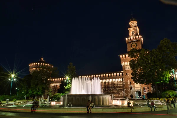 Castillo Sforza Castello Sforzesco Por Noche Uno Los Principales Lugares — Foto de Stock