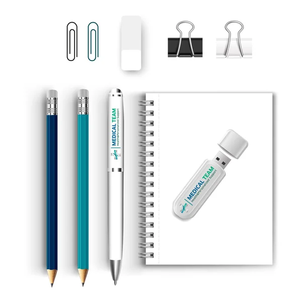 Caderno lápis com pen drive — Vetor de Stock