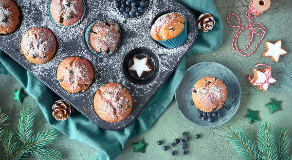 Xmas Blueberry Muffins Sugar Icing Baking Tray Panoramic Top View — Stock Photo, Image