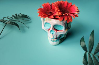 Mercan rengi Gerbera çiçekleriyle maskeli bir kafatası. Dia de los Muertos, yaratıcı gerçeküstü modern tasarım...