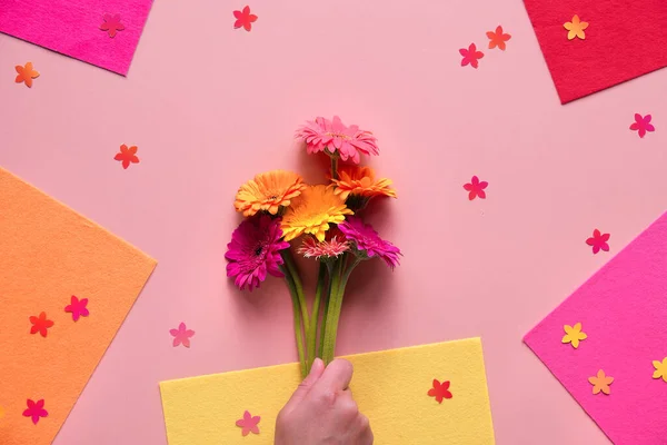 Vibrant Flat Lay Hand Holding Bunch Gerbera Daisy Flowers Background — Stock Photo, Image