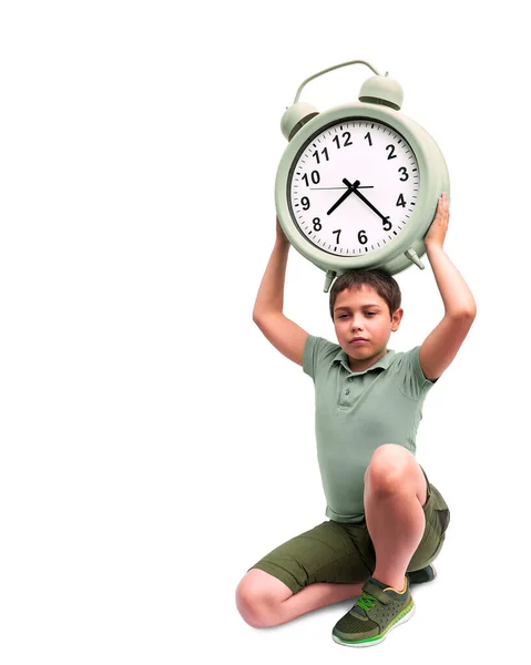 Schools Start Too Early Little Boy Large Alarm Clock Set — Stock Photo, Image