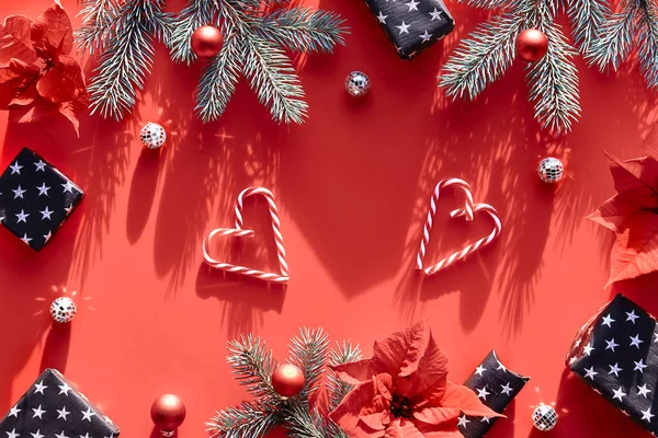 Christmas Festive Background Red Black Shadows Top View Fir Twigs — Stock Photo, Image