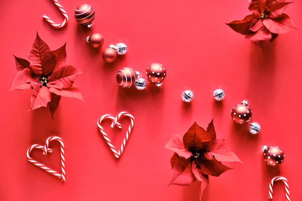 Monochrome Christmas Background Red Silver Shadows Flat Lay Fir Twigs — Stock Photo, Image