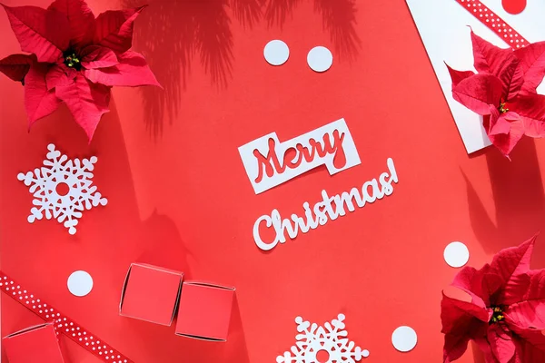Poinsettia Snowflakes Red White Paper Confetti Text Merry Christmas Top — Stock Photo, Image