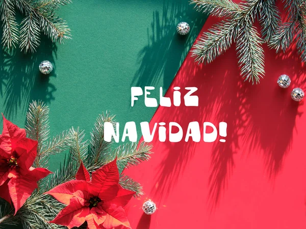 펠리즈 Feliz Navidad 스페인어로 크리스마스이다 크리스마스 배경은 빨강과 초록으로 그림자가 — 스톡 사진