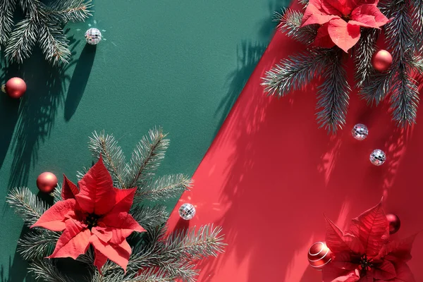Natal Fundo Festivo Vermelho Verde Com Sombras Vista Superior Galhos — Fotografia de Stock