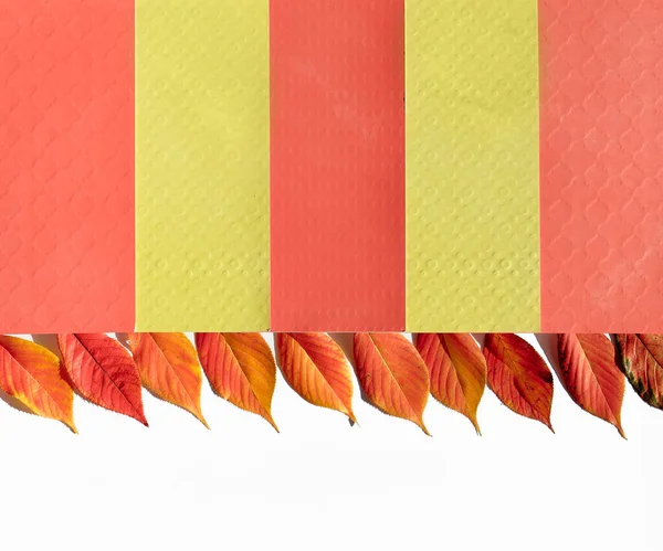 Decorative Autumn border made of layered pages of color paper and row of Fall orange leaves. Fall background in yellow and orange isolated on white background.