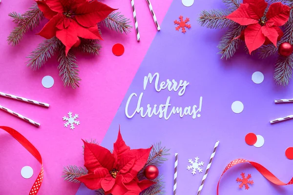 Text Merry Christmas Top View Red White Decorations Purple Paper — Stock Photo, Image