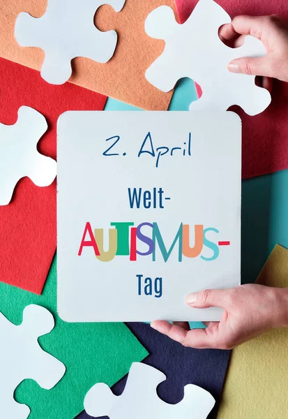 Welt Autismus Tag Design Mains Tenant Page Avec Texte Allemand — Photo