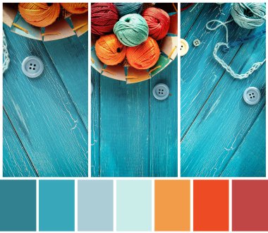 Color matching palette from close-up image of wool bundles, yarn balls, buttons and cord. Latch and knitting needles on aged turquoise blue wood.