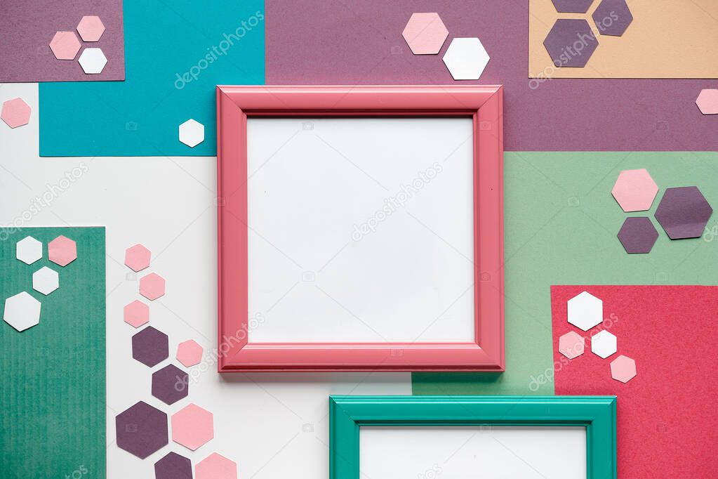 Square frame mockup on abstract geometric layered paper background with trendy hexagons in neutral muted colors, mint green, red and brown. Flat lay, top view on white background in the frame..