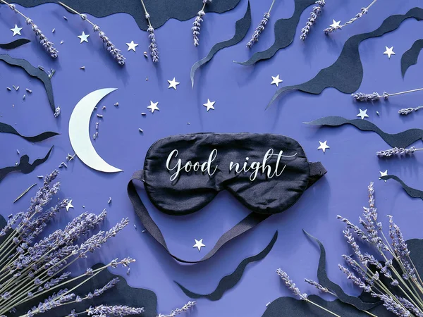 Sleep Mask Lavender Dark Blue Color Background Black Clouds Moon — Stock fotografie