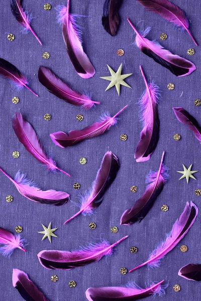 Scattered Pink Purple Feathers Canvas Linen Background Feathers Gold Stars — Stock Photo, Image