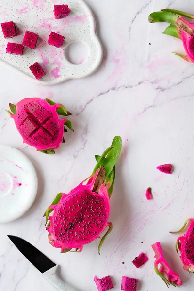 Mauvaise Nourriture Fruit Dragon Rose Juteux Pitaya Pitahaya Tranché Sur — Photo