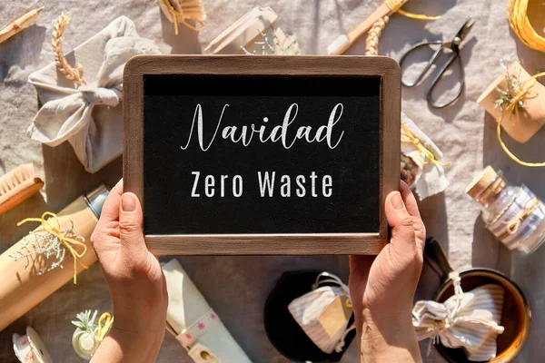 Hand Hold Blackboard Chalk Board Text Navidad Zero Waste Spanish — Stock Photo, Image