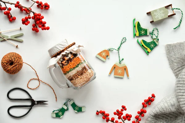 Zero Waste Weihnachtsgeschenk Einem Glas Geschichtete Bohnenmischung Mit Gewürzen Auf — Stockfoto