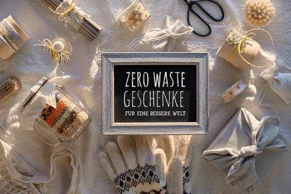 Blackboard Text Zro Waste Gescenke Eine Bessere Welt German Means — Stock Photo, Image
