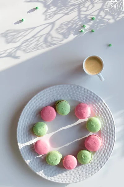 Bonbons Hivernaux Sur Fond Blanc Longues Ombres Macarons Rose Vert — Photo
