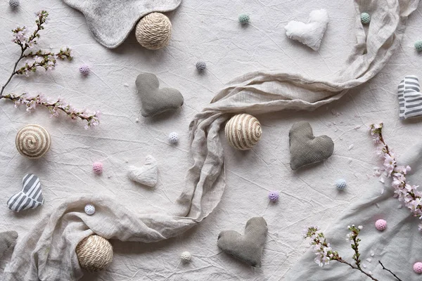 Hand Made Textile Hearts Balls Linen Background Textile Handicraft Neutral — Stock Photo, Image