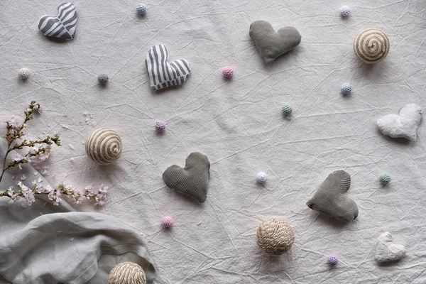 Hand Made Linen Hearts Balls Linen Background Textile Handicraft Neutral — Stock Photo, Image