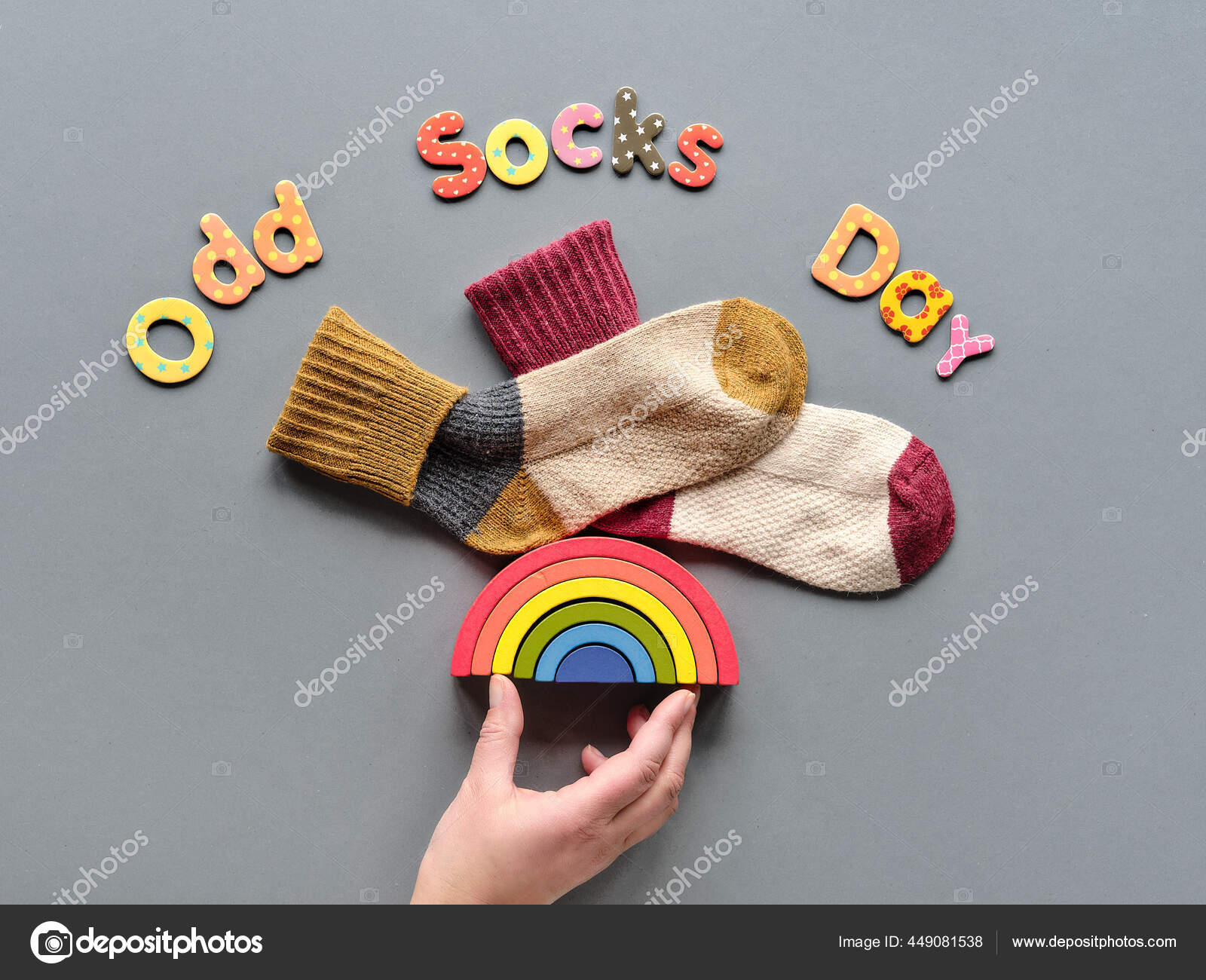 Odd Socks Day Text Pair Mismatched School Socks Top Wooden Stock Photo