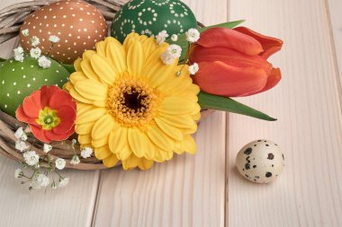 Happy Easter Greeting card design. Springtime decorations, spring flowers and quail egg. Orange gerbera daisy, red tulips, pussy willow, primrose and baby's breath flowers on cream background.