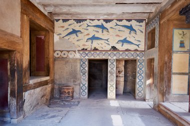 Knossos 'ta yunus freski, ana saray. Yunanistan 'ın Girit adasındaki Knossos kasabasının Bronz Çağı kazıları