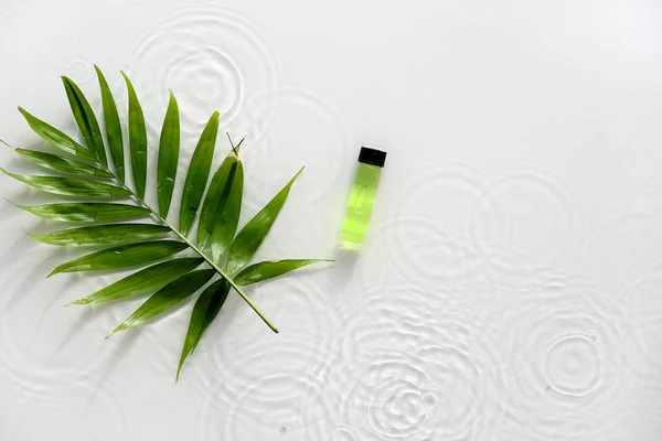 Green liquid product for beauty facial massage therapy, Self made skincare product. Flat lay, simple composition, palm leaf on white background. Water rings, shadows of ripple circles.