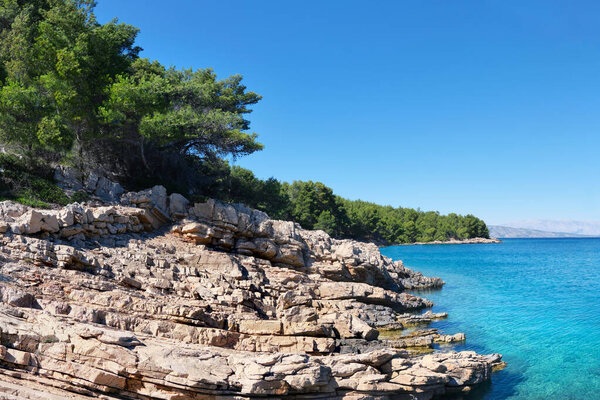 WIld pine forest along Hvar island. Rocks and stones by turquoise sea water. coastline of Adriatic Sea. Maslinica Beach, Public bathing place near Vrboska village. Hvar island, Dalmatia, Croatia.