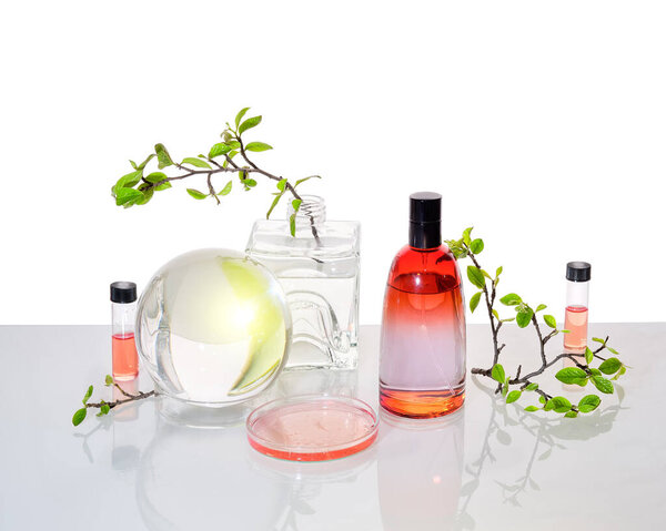 Natural Green laboratory. Abstract floral design. Orange liquid product, fragrance, perfume in red glass bottle. Reflections of leaves distorted in water. Springtime green twigs in jars and tubes.